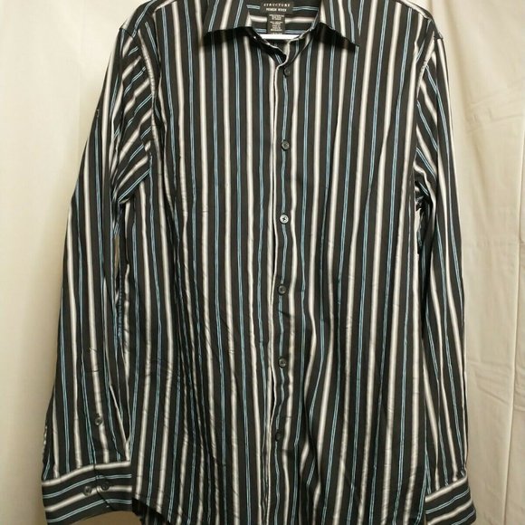Structure Men's Large Premium Woven Black Striped Long Sleeve Button Up Shirt - Picture 2 of 8